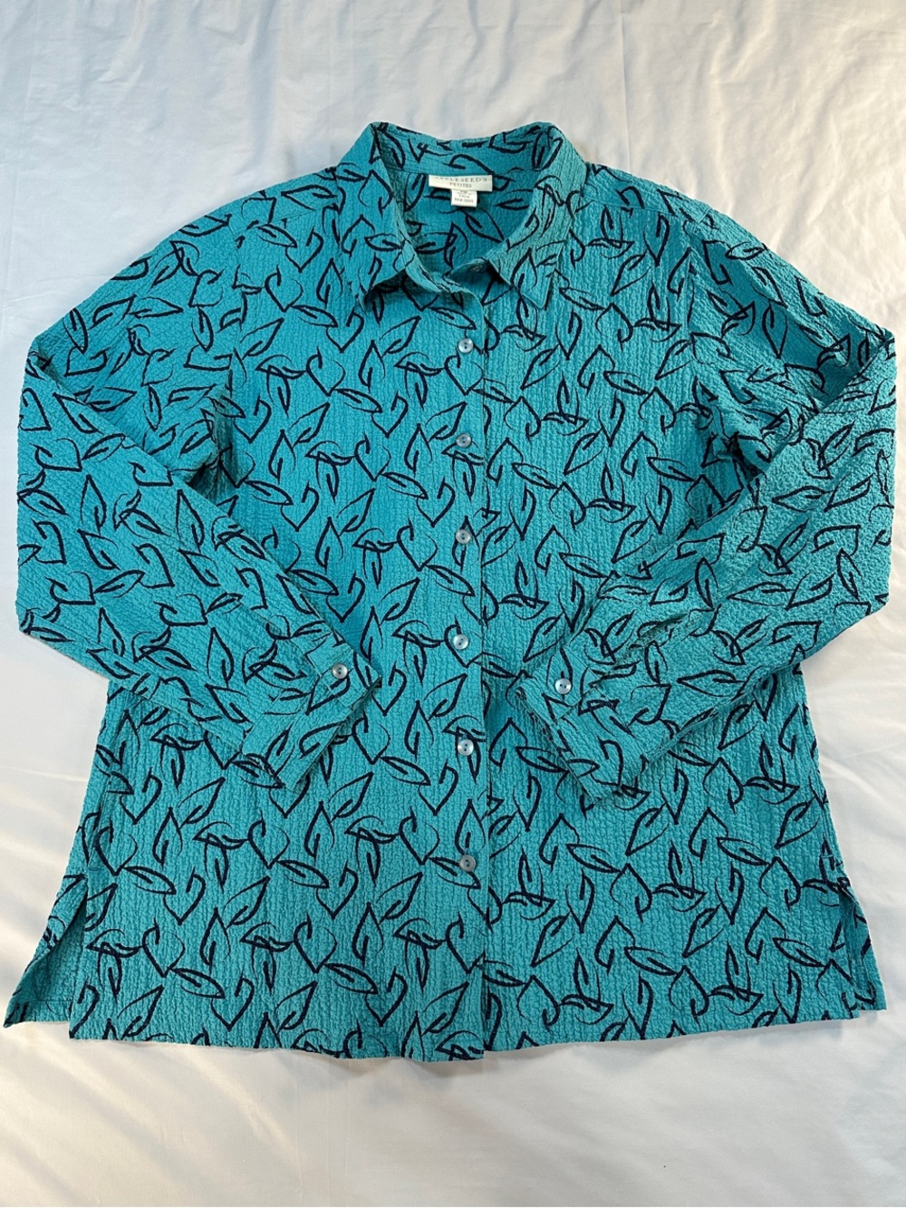 Appleseed's Teal Button-Up Blouse with Black Leaf Print, Petite Medium